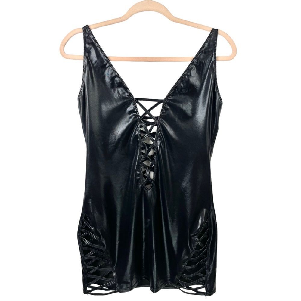 𝅺ANN Summers Samara Wet Look Black Mini Stretch Dress Size M/ US 8-10 - Picture 5 of 8